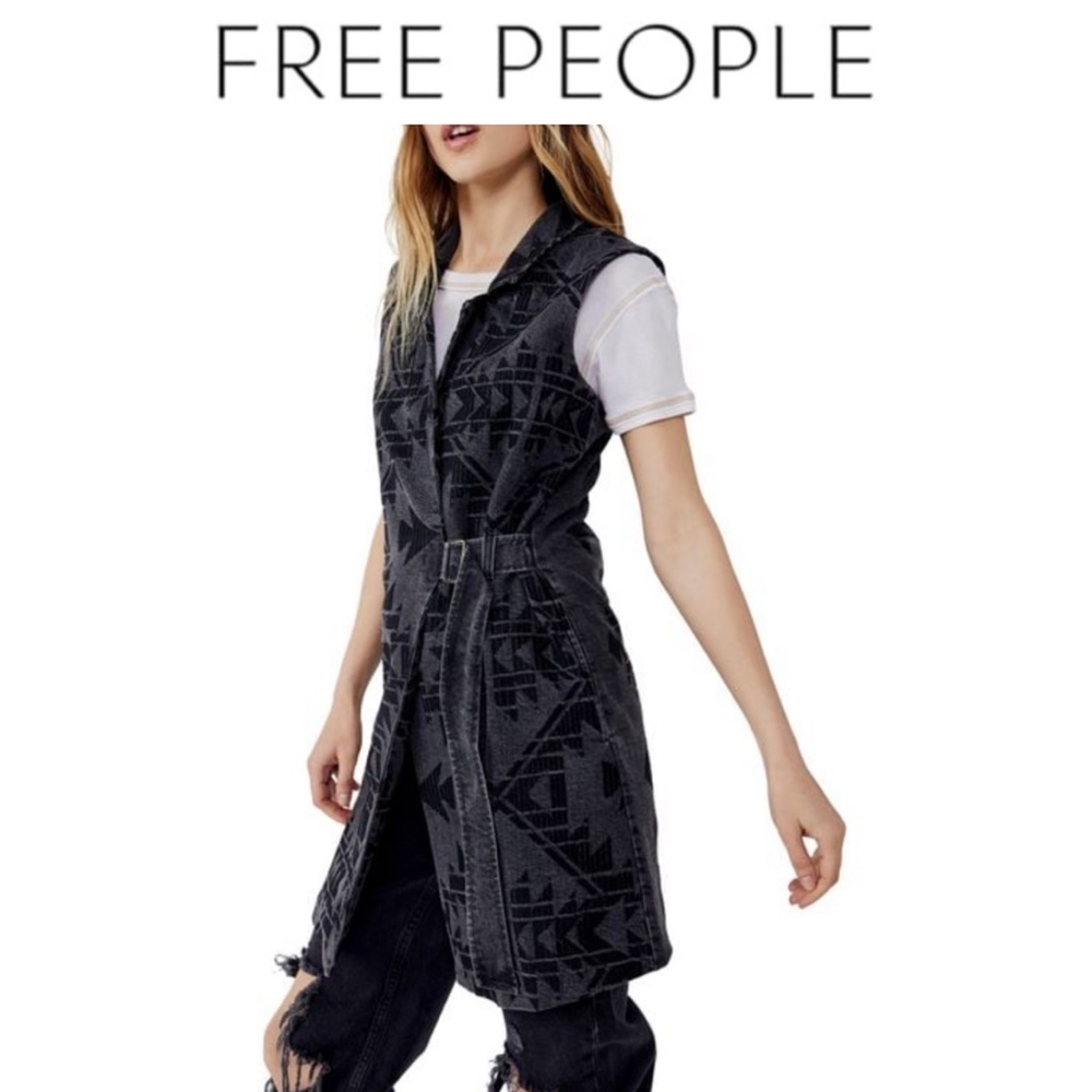 Free People Geometric Longline Denim Vest